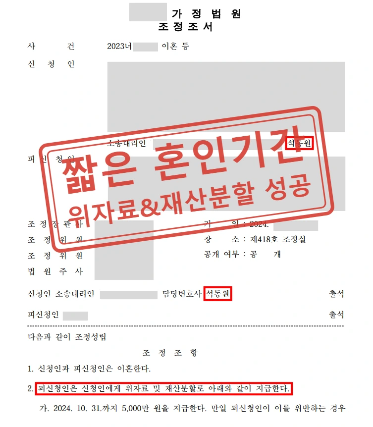 혼인기간 2년 미만, 이혼조정으로 재산분할 받아낸 사례
